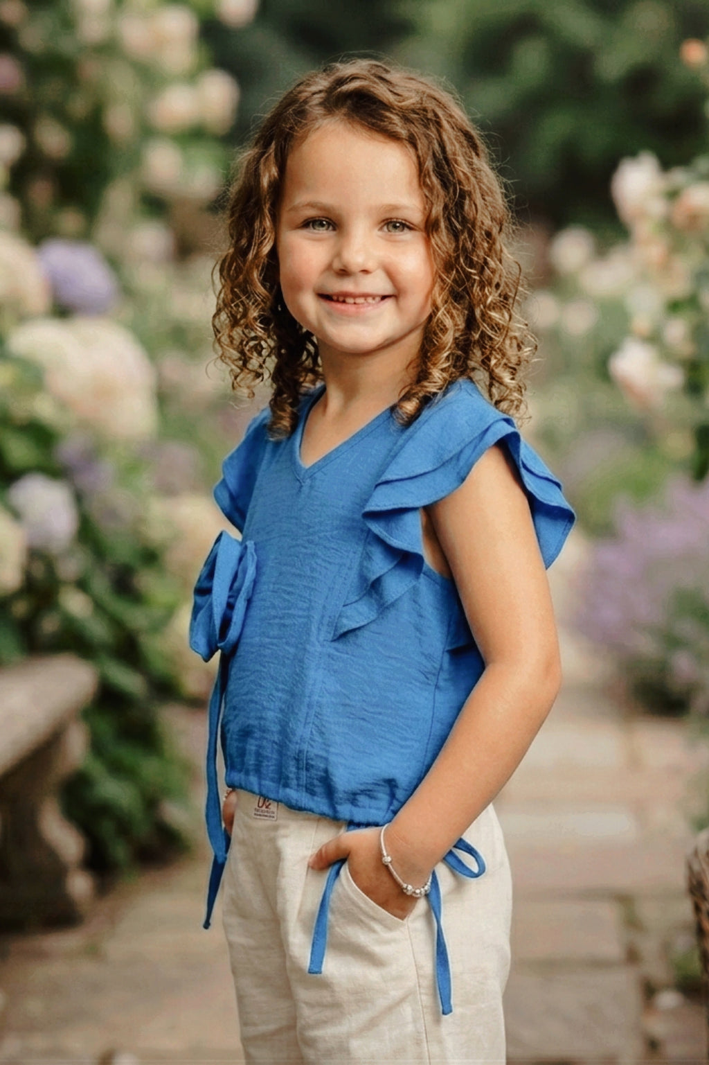 Girls Blue Ruffle Crop Top with 3D Rose Detail and Flutter Sleeves