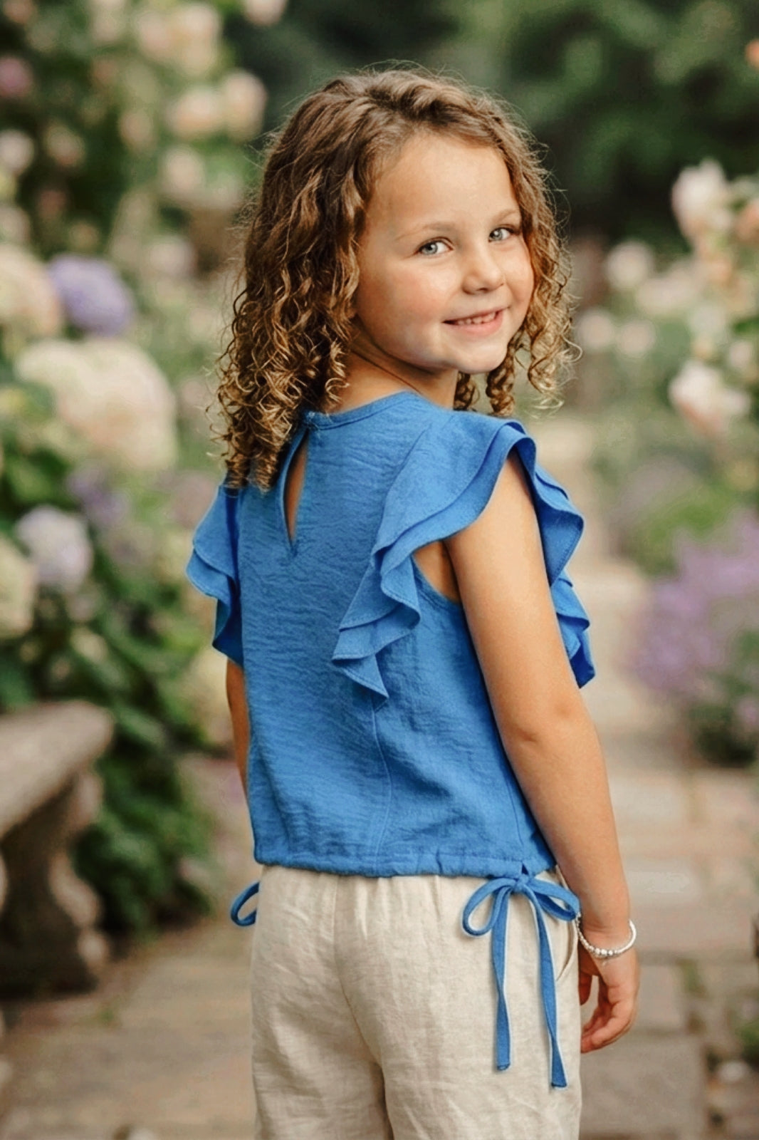 Girls Blue Ruffle Crop Top with 3D Rose Detail and Flutter Sleeves