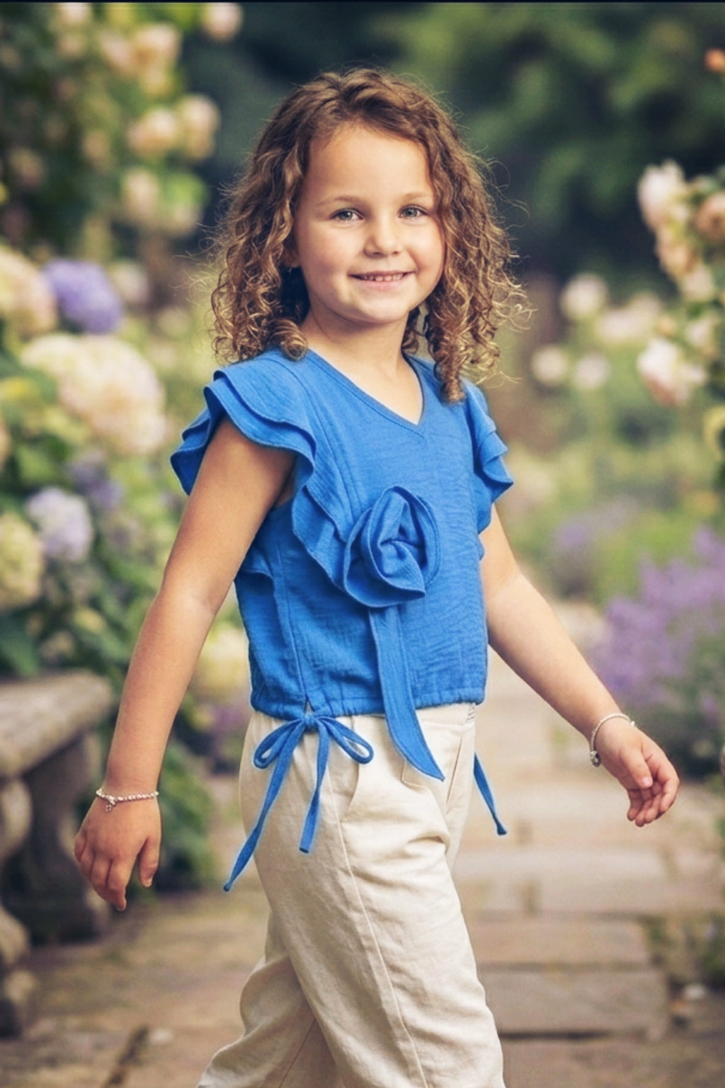 Girls Blue Ruffle Crop Top with 3D Rose Detail and Flutter Sleeves