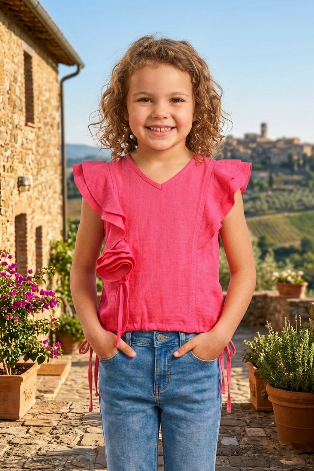 Girls Pink Ruffle Crop Top with 3D Rose Detail and Flutter Sleeves