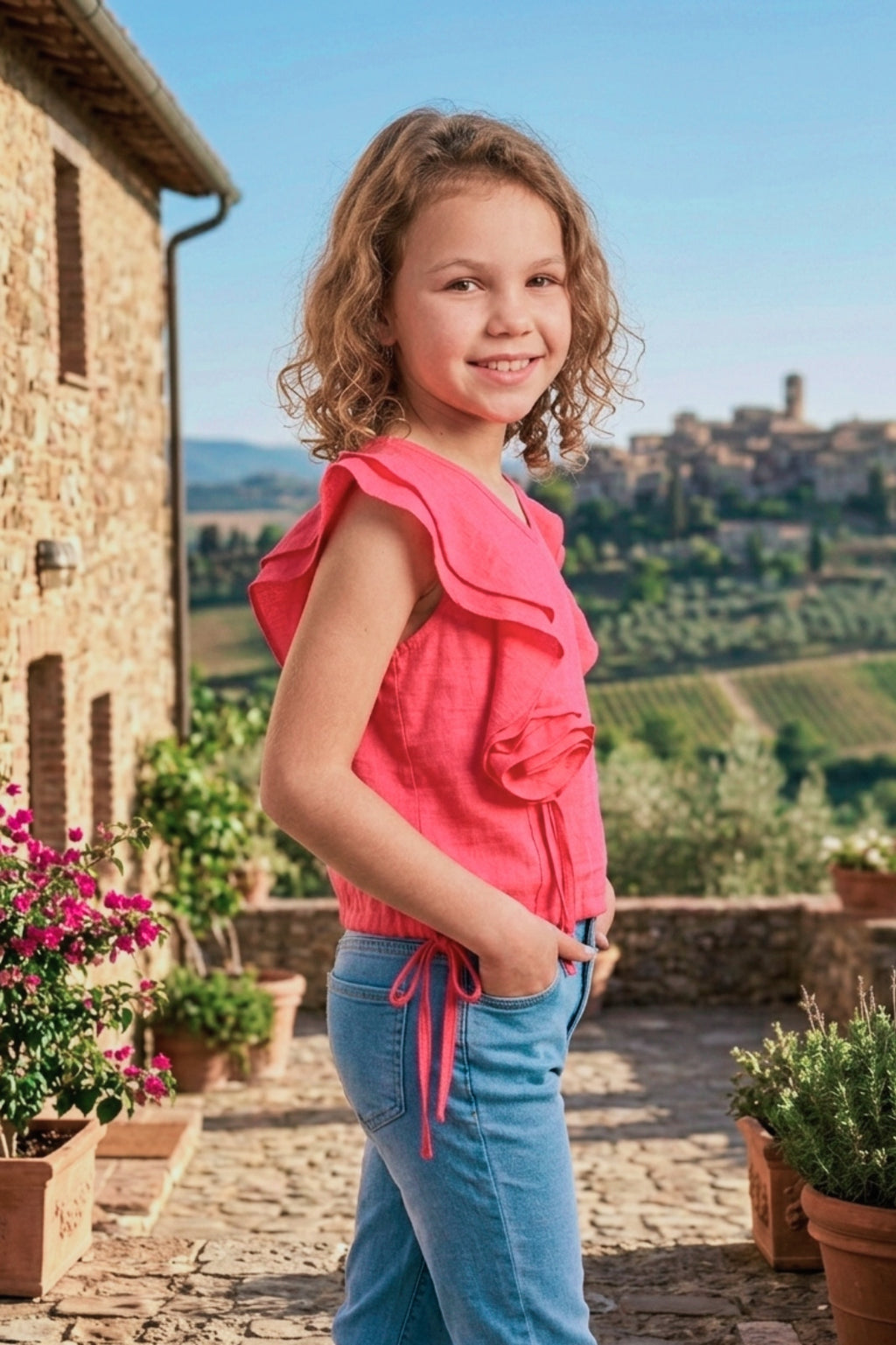 Girls Pink Ruffle Crop Top with 3D Rose Detail and Flutter Sleeves