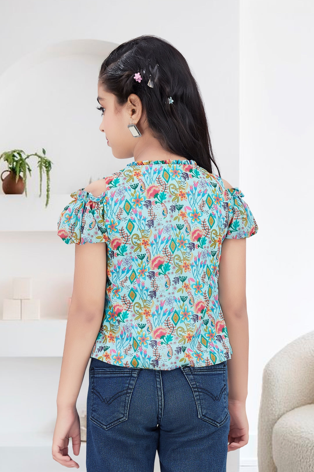 Girls Blue Floral Cold-Shoulder Top - Puff Sleeve with Ruffle Neck
