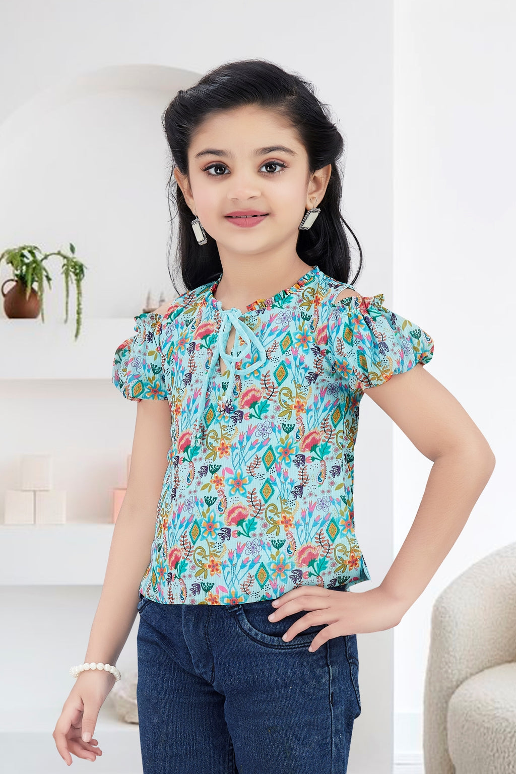 Girls Blue Floral Cold-Shoulder Top - Puff Sleeve with Ruffle Neck