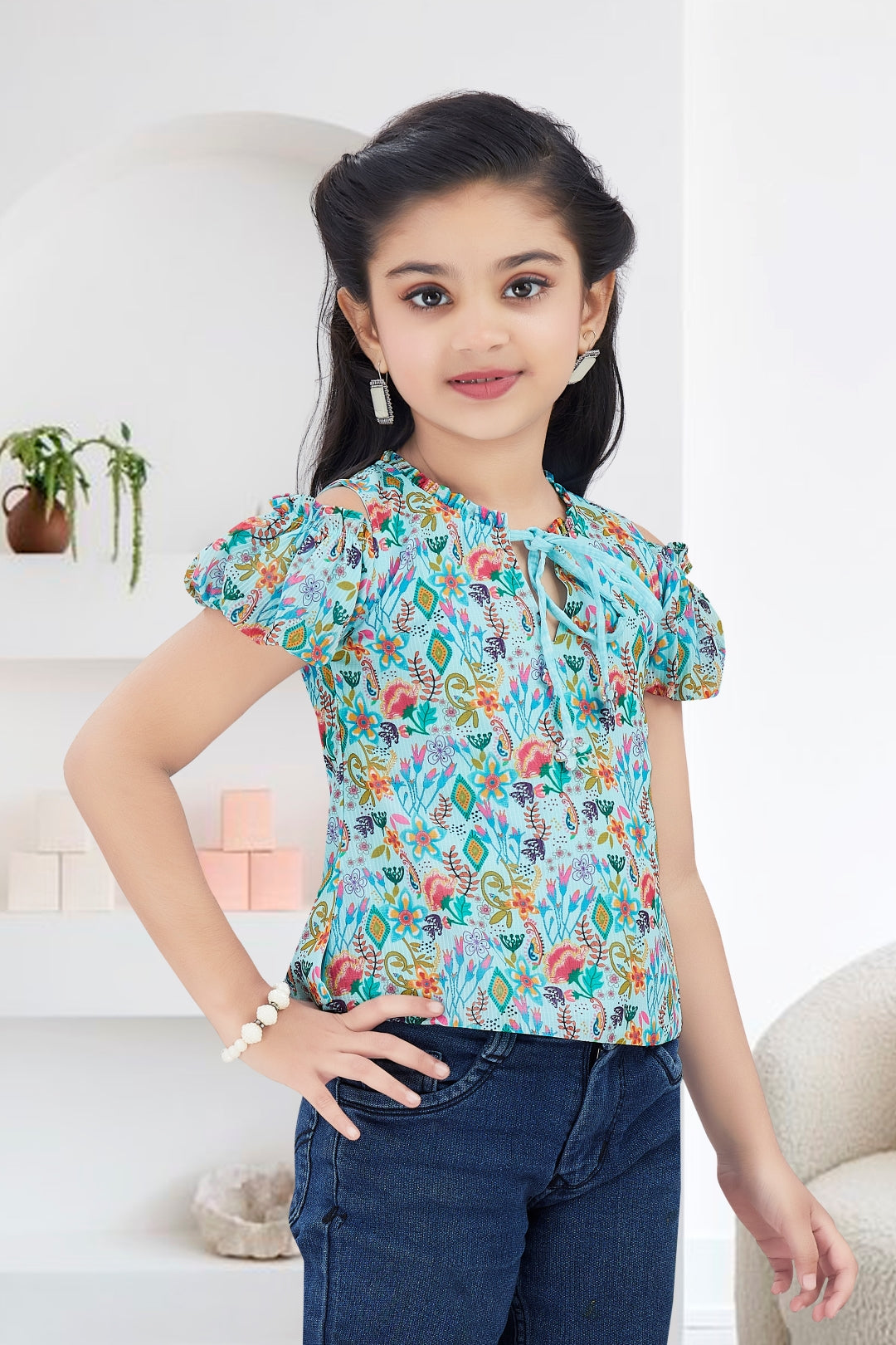 Girls Blue Floral Cold-Shoulder Top - Puff Sleeve with Ruffle Neck