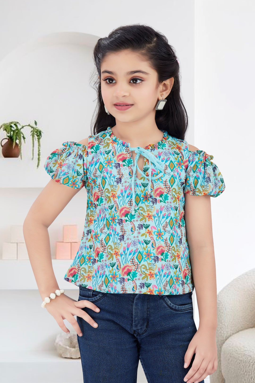 Girls Blue Floral Cold-Shoulder Top - Puff Sleeve with Ruffle Neck