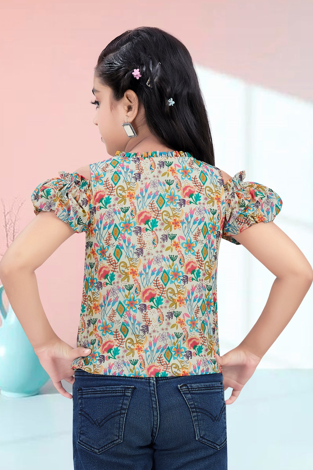 Girls Beige Floral Cold-Shoulder Top - Puff Sleeve with Ruffle Neck