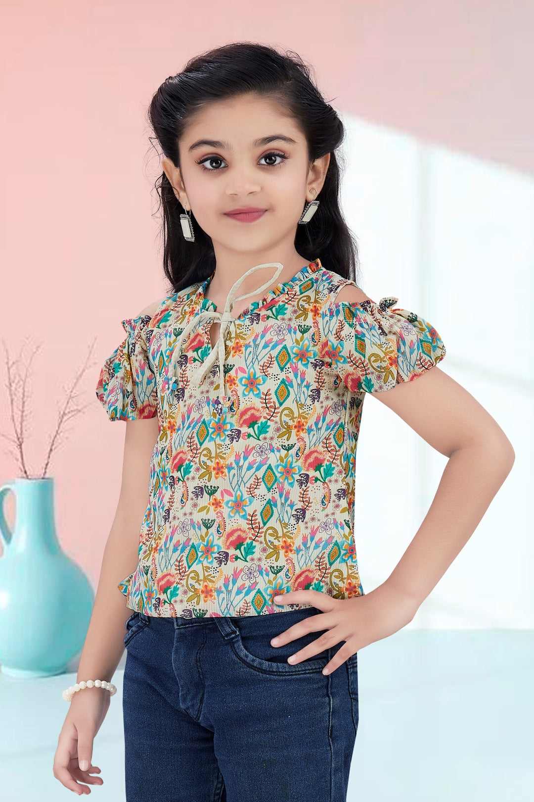 Girls Beige Floral Cold-Shoulder Top - Puff Sleeve with Ruffle Neck