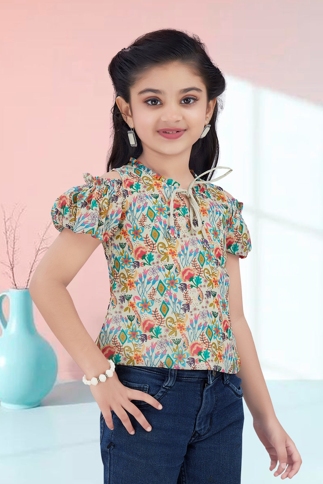 Girls Beige Floral Cold-Shoulder Top - Puff Sleeve with Ruffle Neck