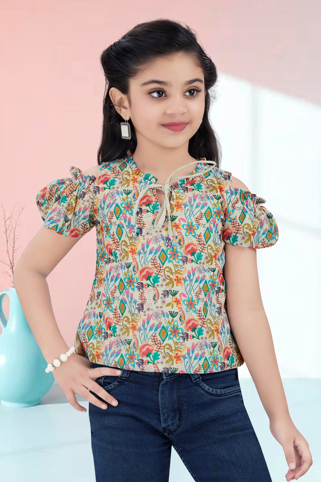 Girls Beige Floral Cold-Shoulder Top - Puff Sleeve with Ruffle Neck