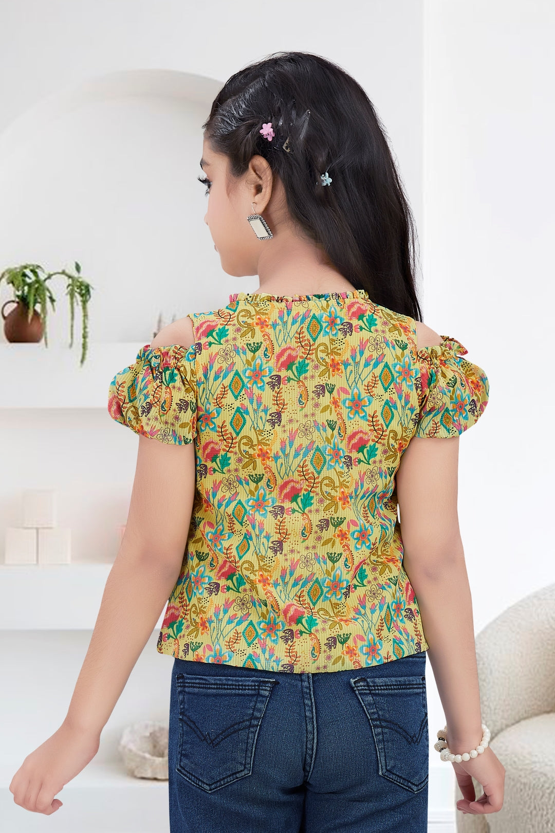 Girls Yellow Floral Cold-Shoulder Top - Puff Sleeve with Ruffle Neck