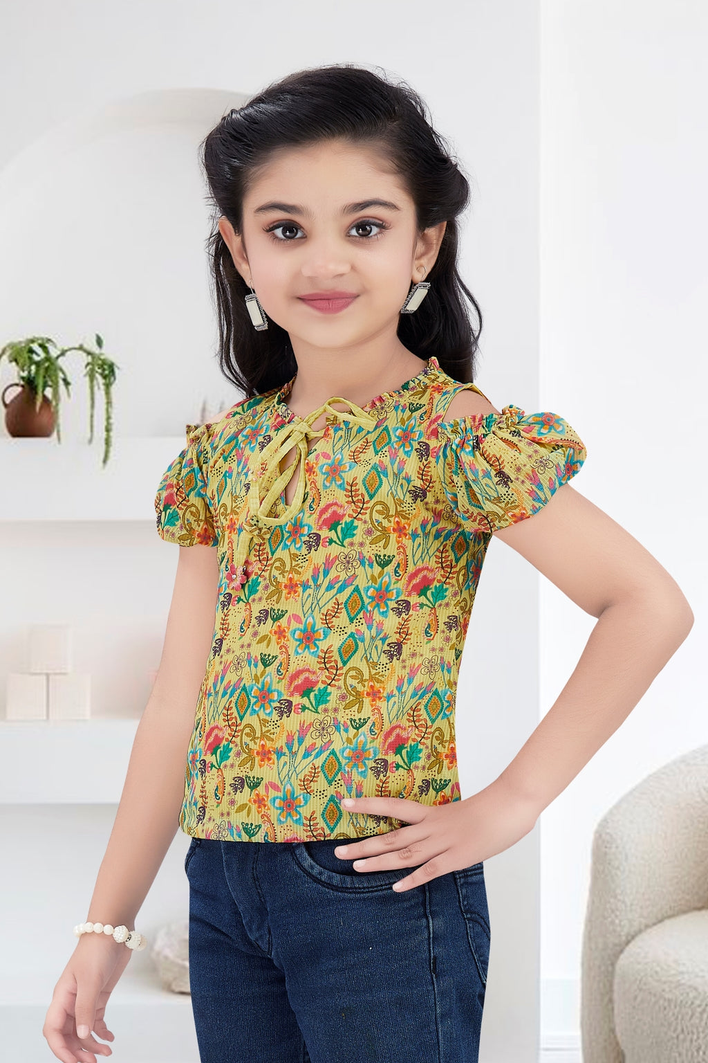 Girls Yellow Floral Cold-Shoulder Top - Puff Sleeve with Ruffle Neck