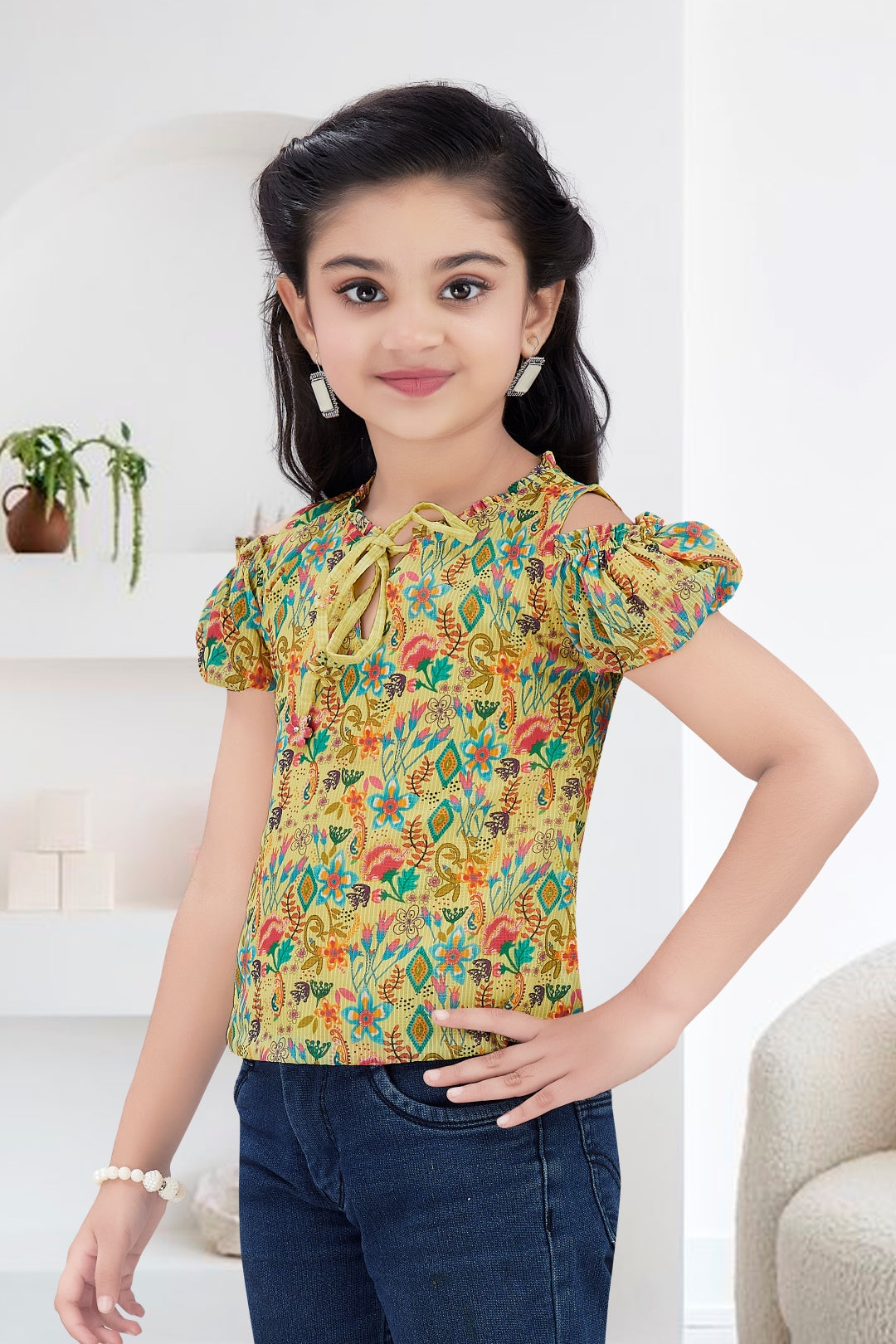 Girls Yellow Floral Cold-Shoulder Top - Puff Sleeve with Ruffle Neck