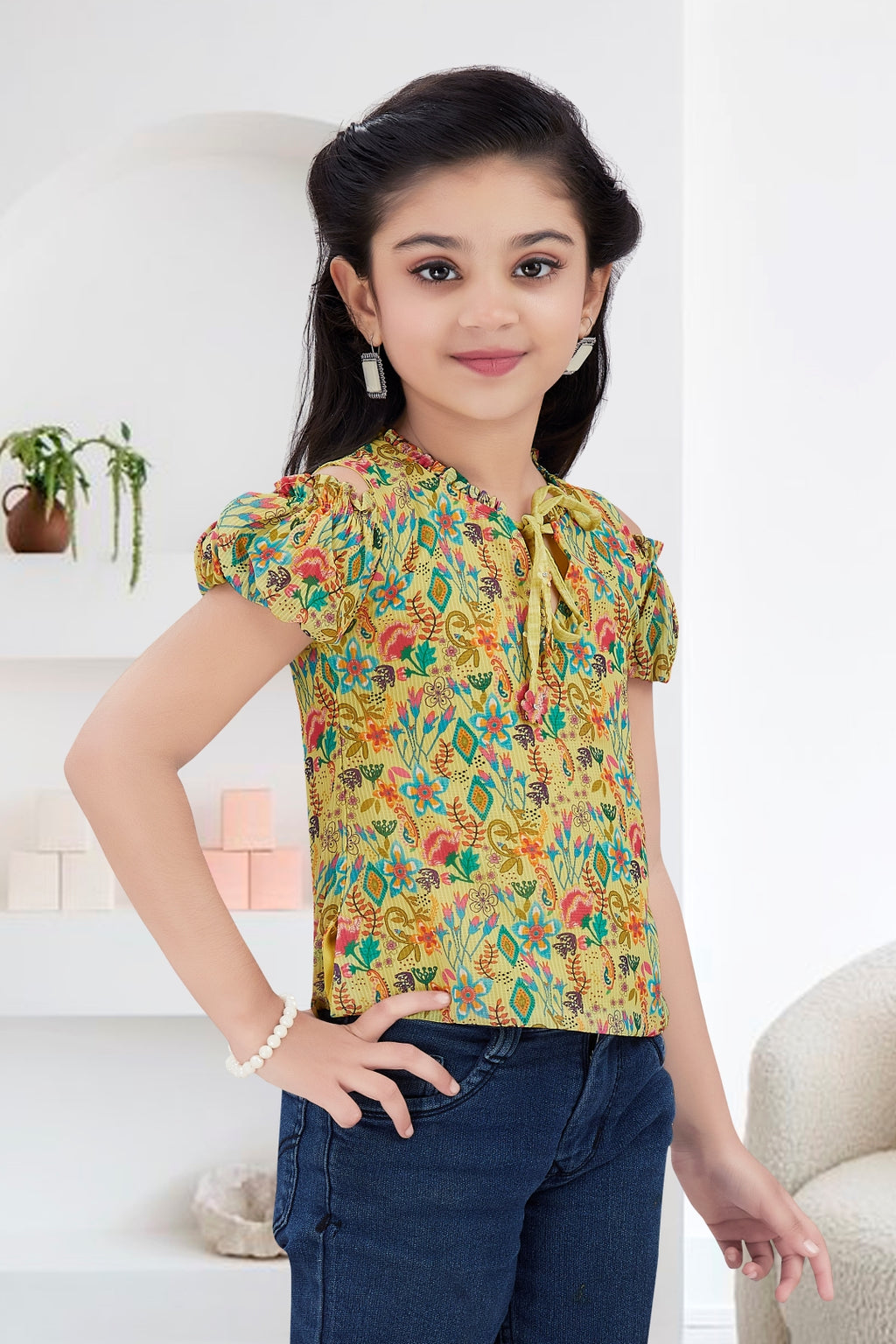 Girls Yellow Floral Cold-Shoulder Top - Puff Sleeve with Ruffle Neck