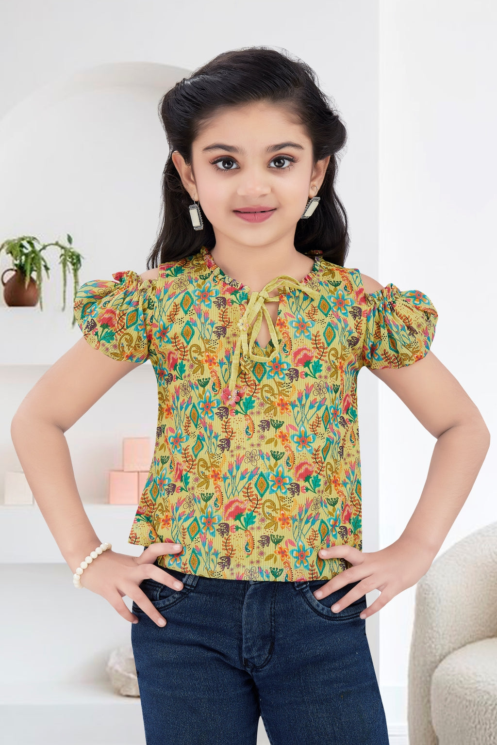 Girls Yellow Floral Cold-Shoulder Top - Puff Sleeve with Ruffle Neck