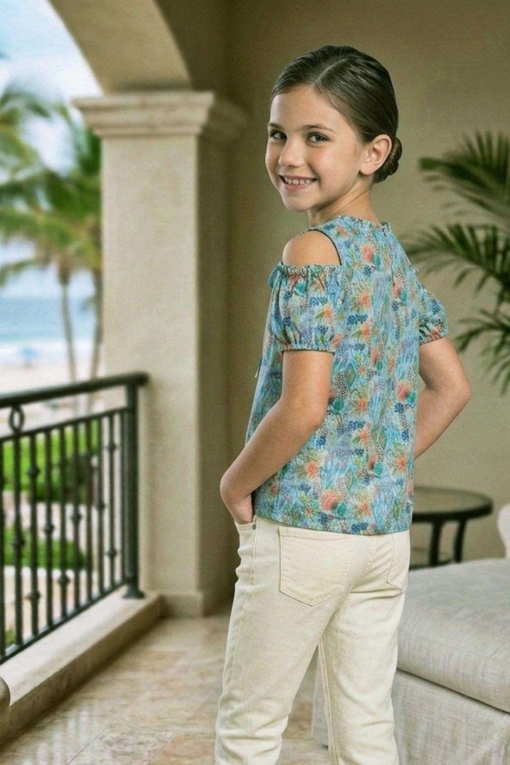 Girls Blue Floral Cold-Shoulder Top - Puff Sleeve with Ruffle Neck