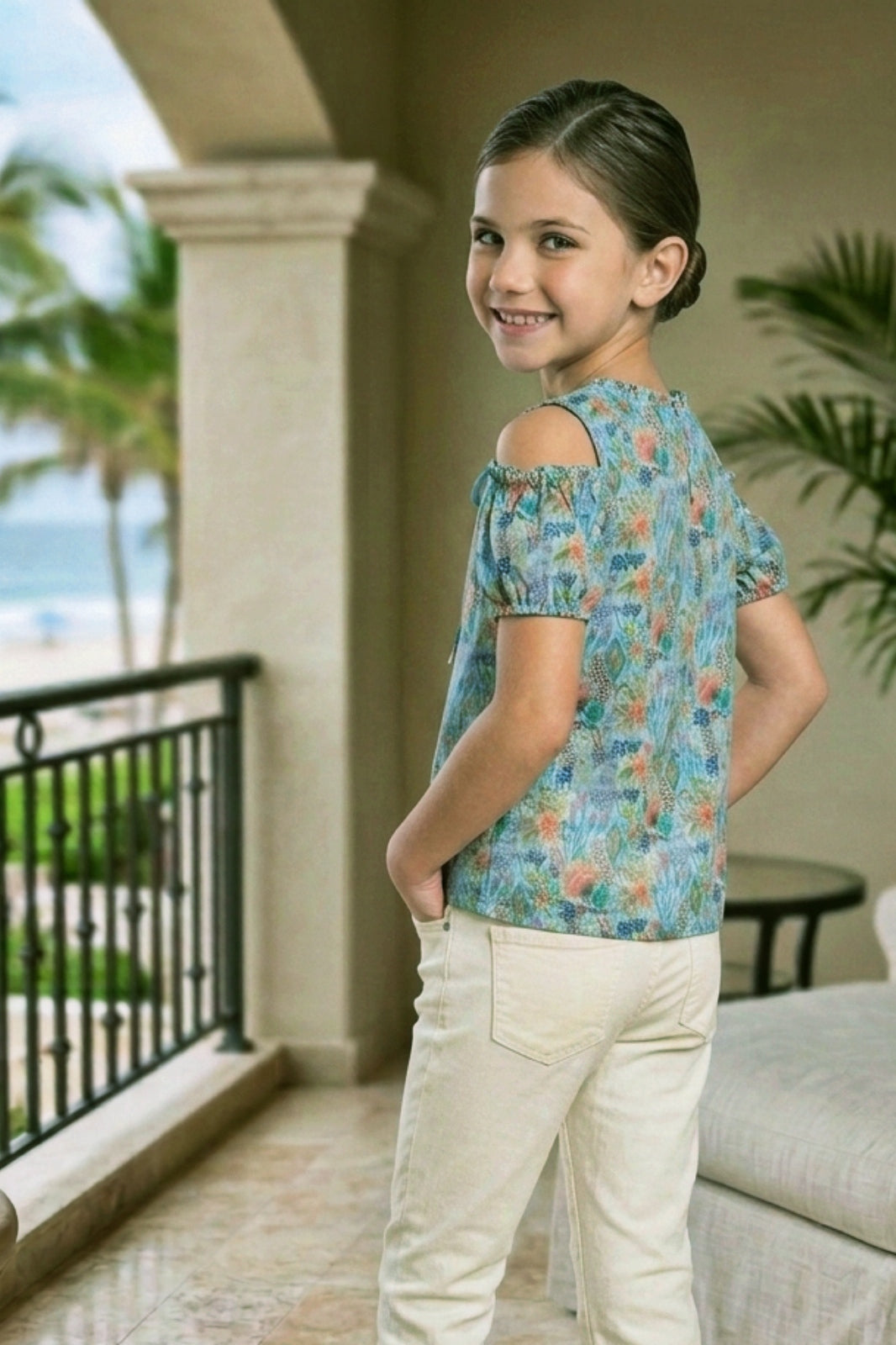 Girls Blue Floral Cold-Shoulder Top - Puff Sleeve with Ruffle Neck