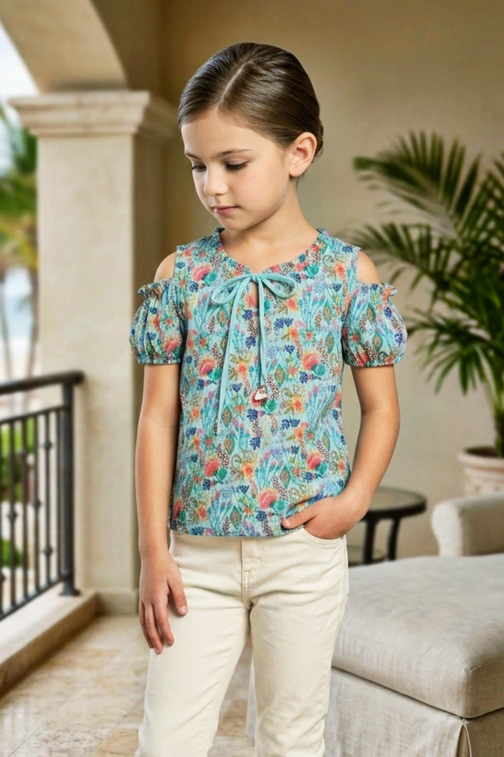 Girls Blue Floral Cold-Shoulder Top - Puff Sleeve with Ruffle Neck