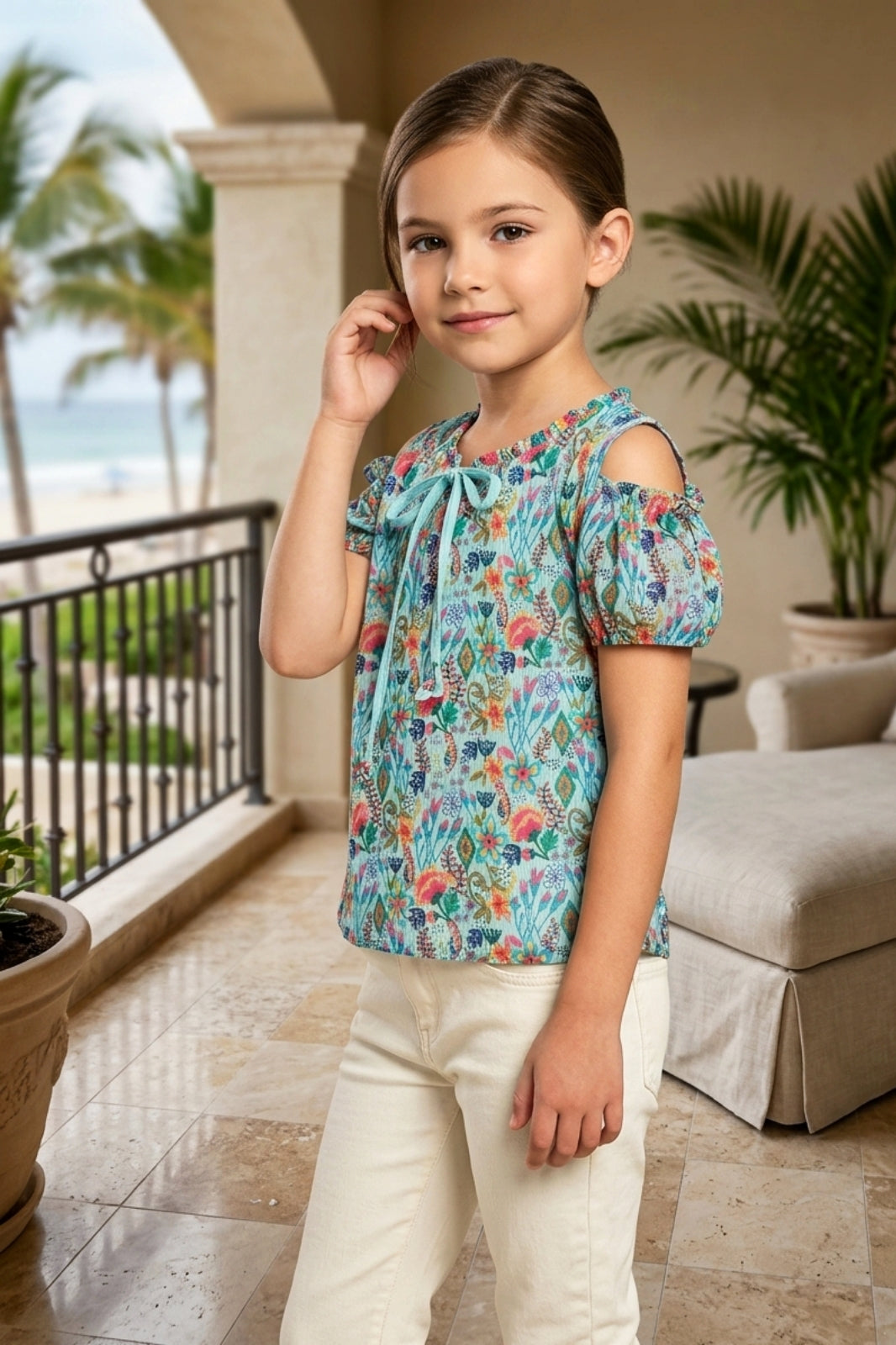 Girls Blue Floral Cold-Shoulder Top - Puff Sleeve with Ruffle Neck