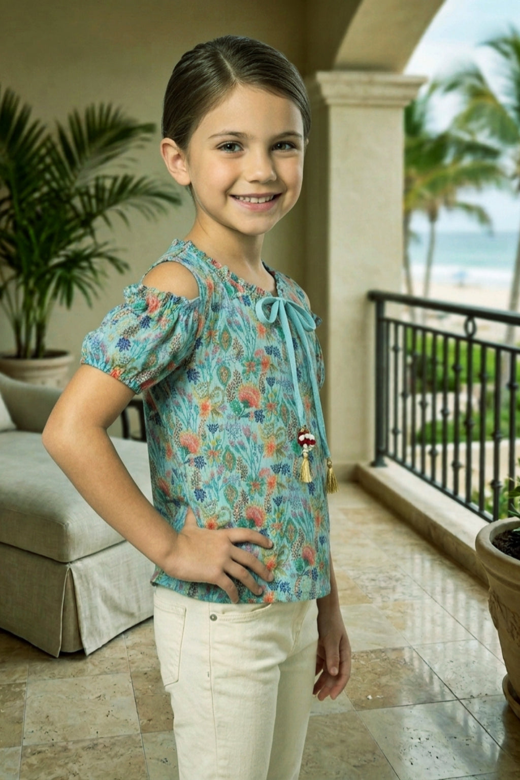 Girls Blue Floral Cold-Shoulder Top - Puff Sleeve with Ruffle Neck