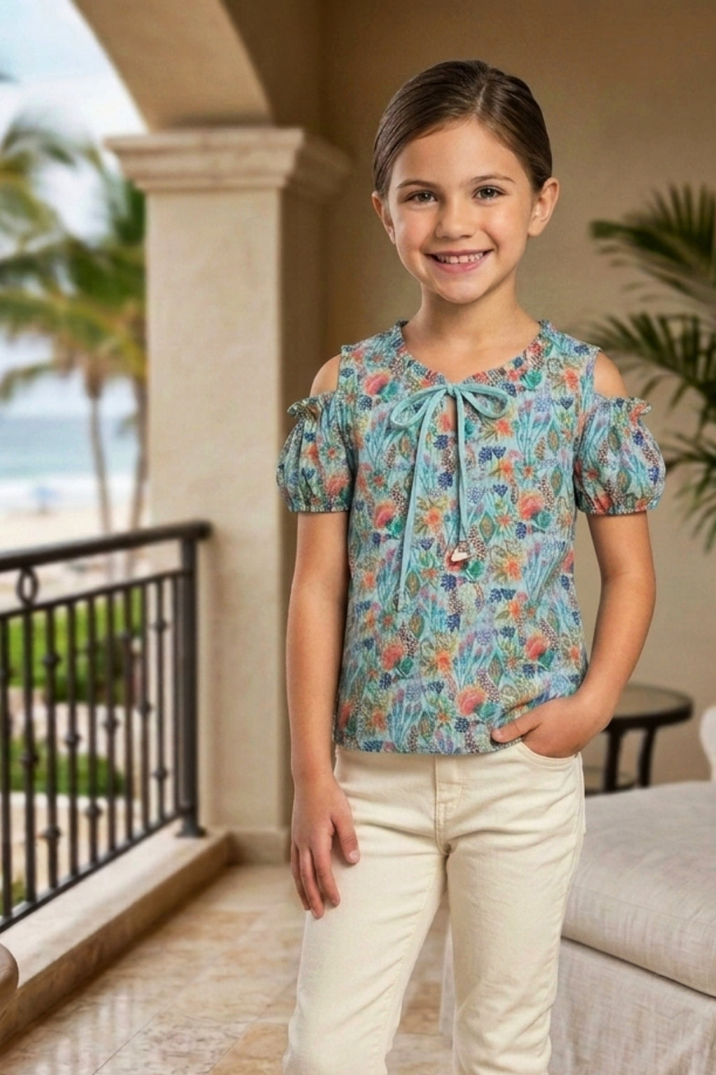 Girls Blue Floral Cold-Shoulder Top - Puff Sleeve with Ruffle Neck