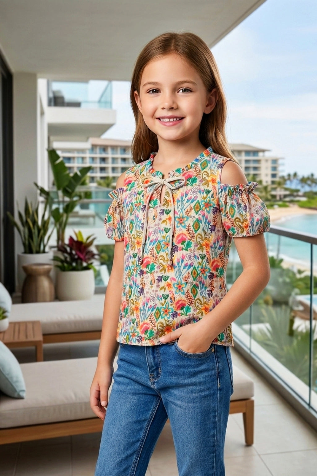 Girls Beige Floral Cold-Shoulder Top - Puff Sleeve with Ruffle Neck