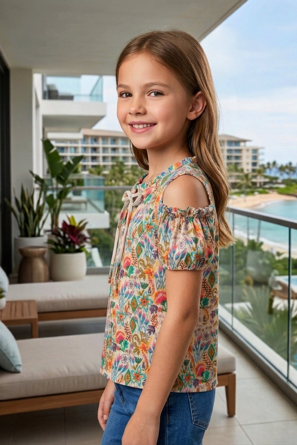 Girls Beige Floral Cold-Shoulder Top - Puff Sleeve with Ruffle Neck