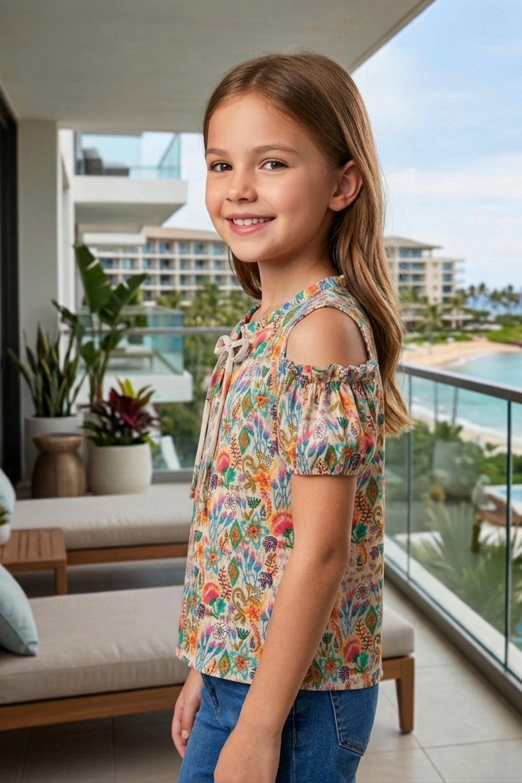 Girls Beige Floral Cold-Shoulder Top - Puff Sleeve with Ruffle Neck