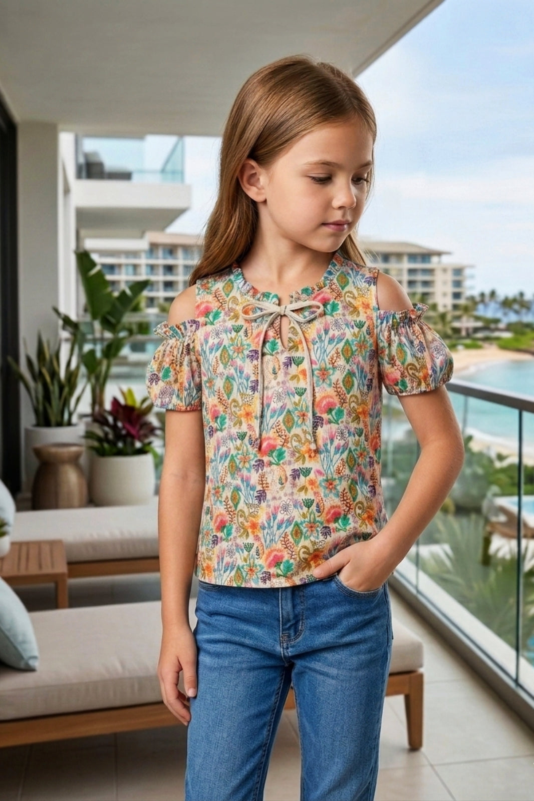 Girls Beige Floral Cold-Shoulder Top - Puff Sleeve with Ruffle Neck