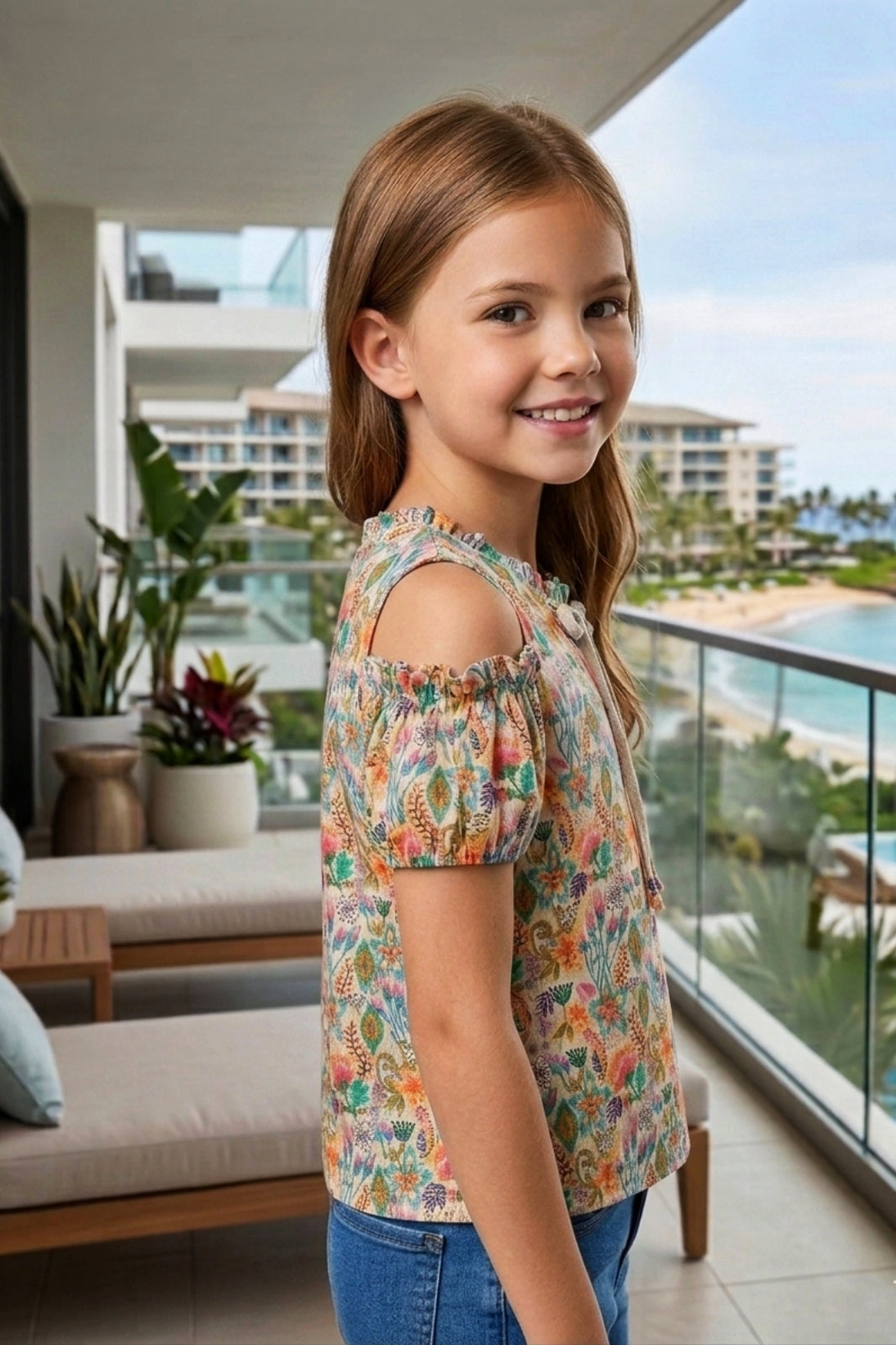 Girls Beige Floral Cold-Shoulder Top - Puff Sleeve with Ruffle Neck