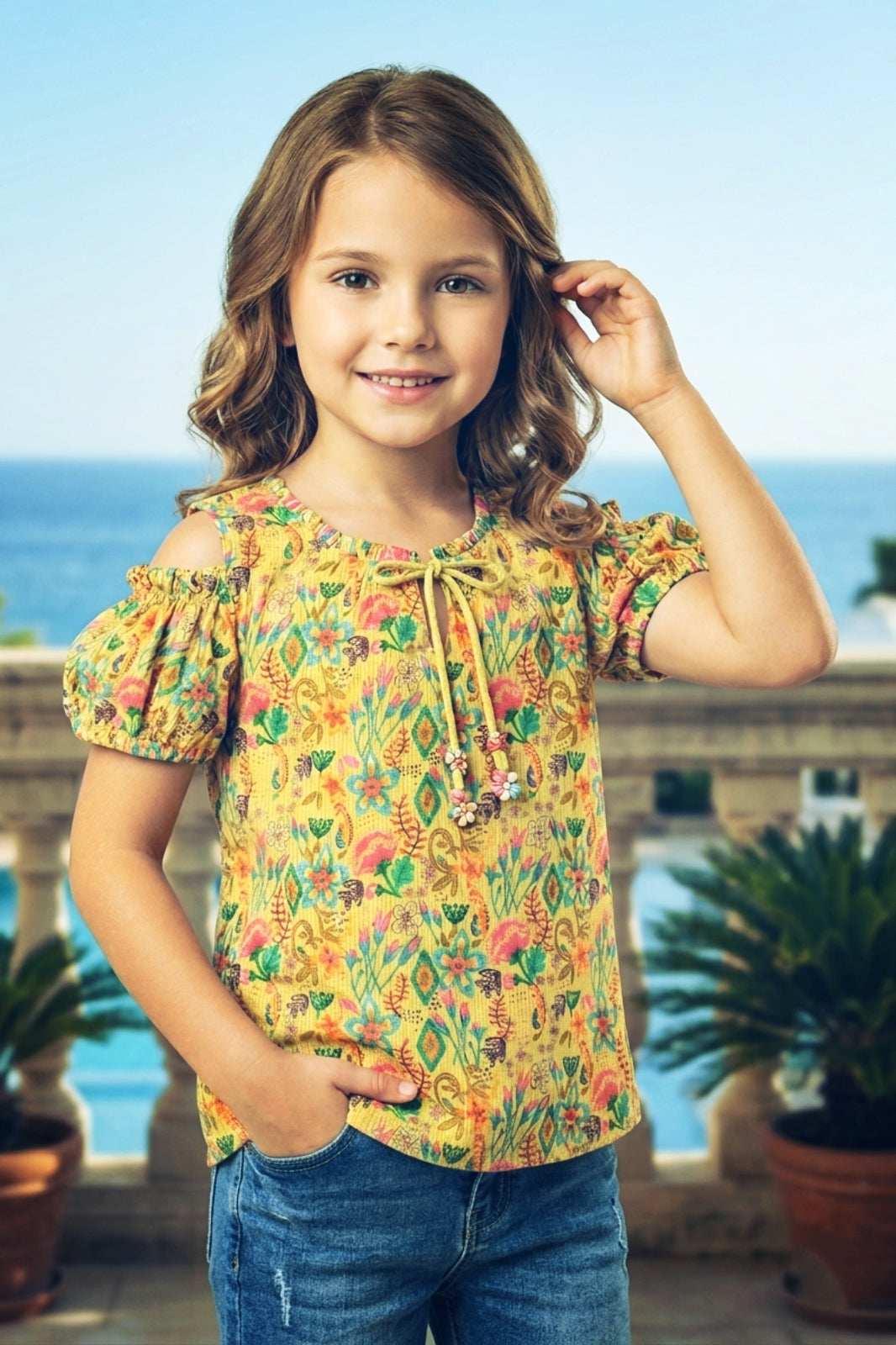 Girls Yellow Floral Cold-Shoulder Top - Puff Sleeve with Ruffle Neck
