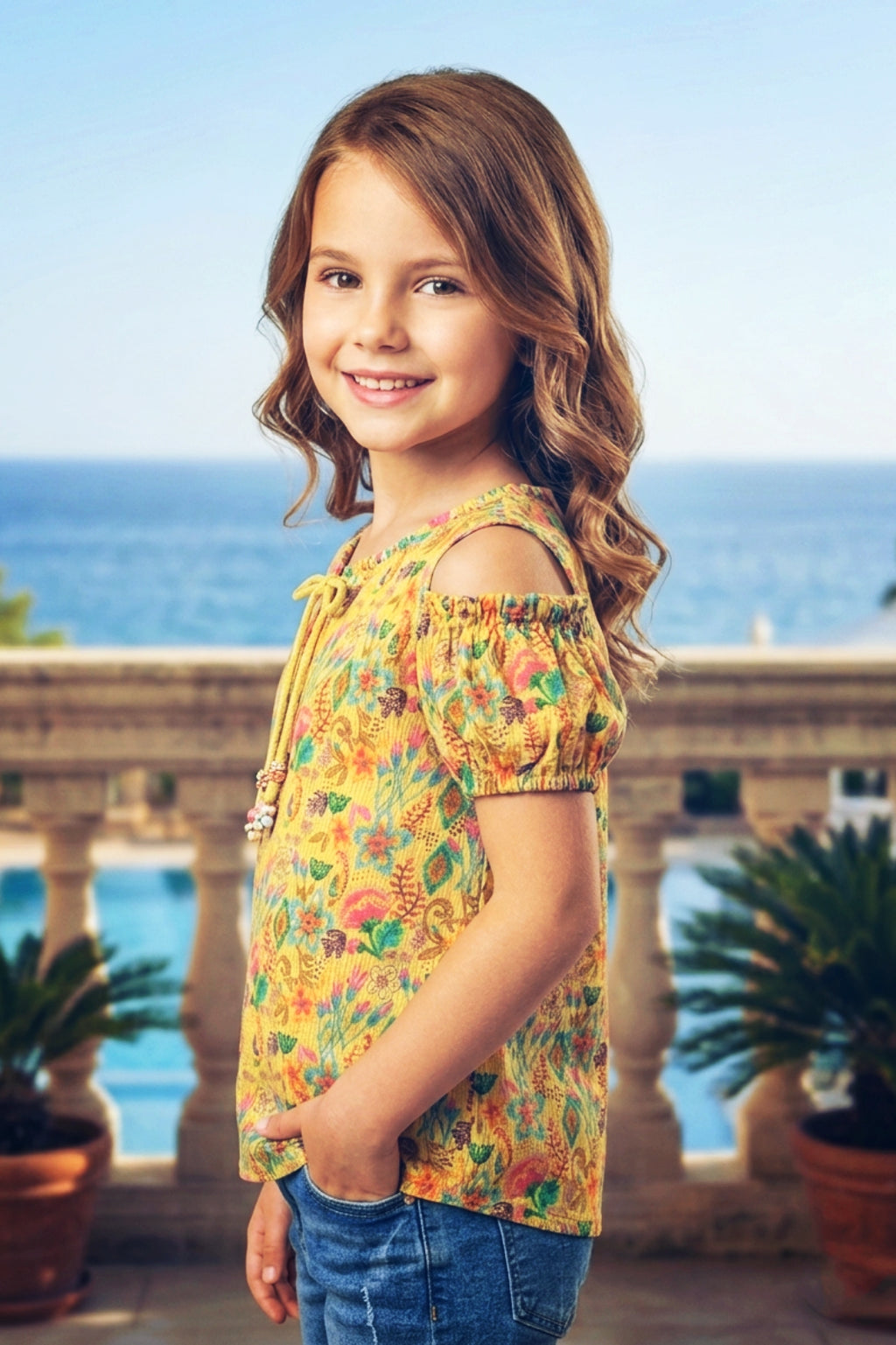 Girls Yellow Floral Cold-Shoulder Top - Puff Sleeve with Ruffle Neck