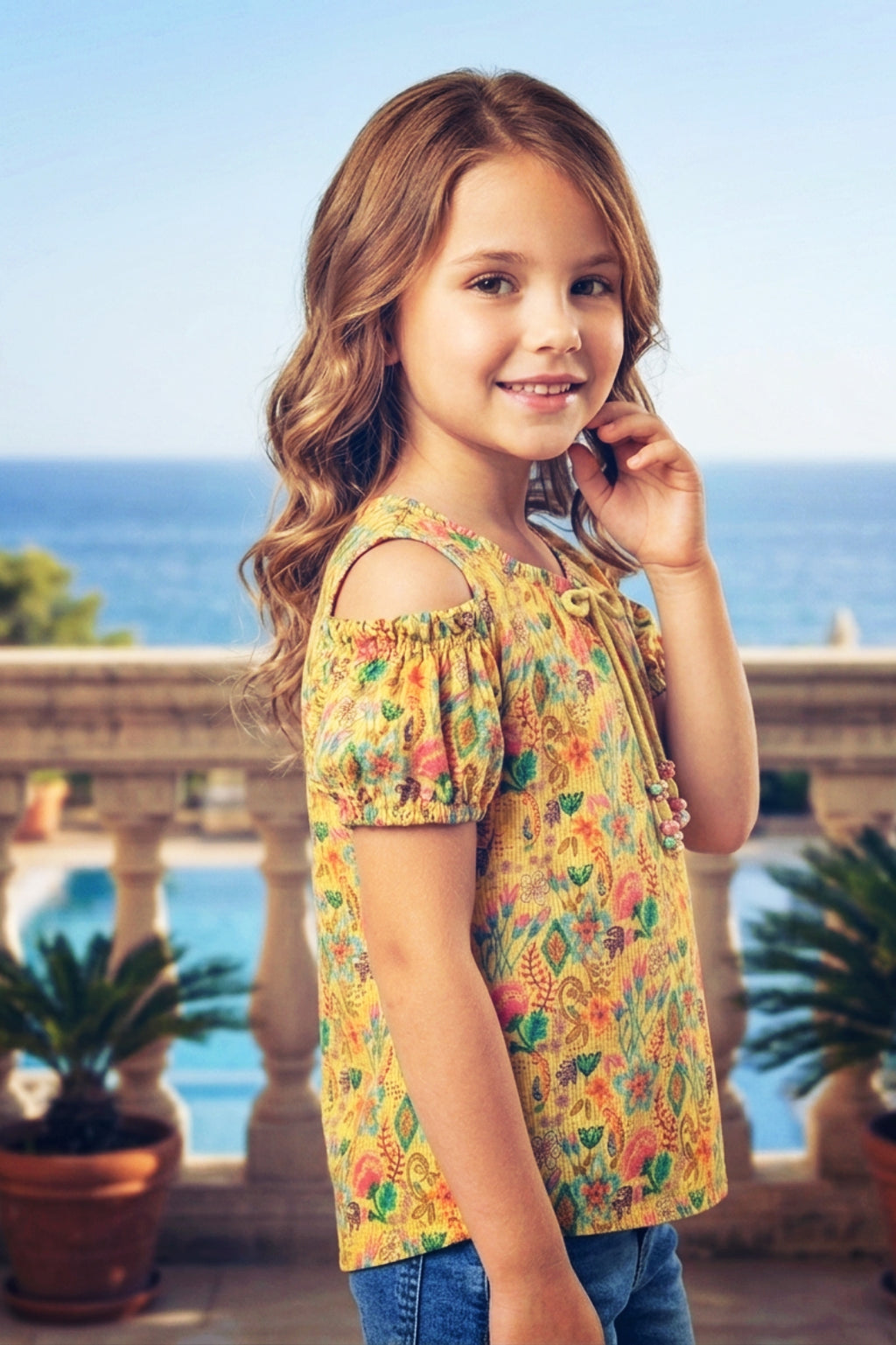 Girls Yellow Floral Cold-Shoulder Top - Puff Sleeve with Ruffle Neck