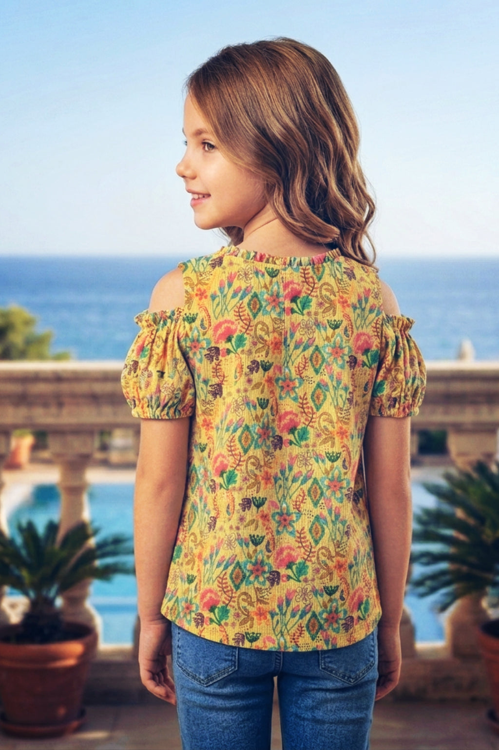 Girls Yellow Floral Cold-Shoulder Top - Puff Sleeve with Ruffle Neck