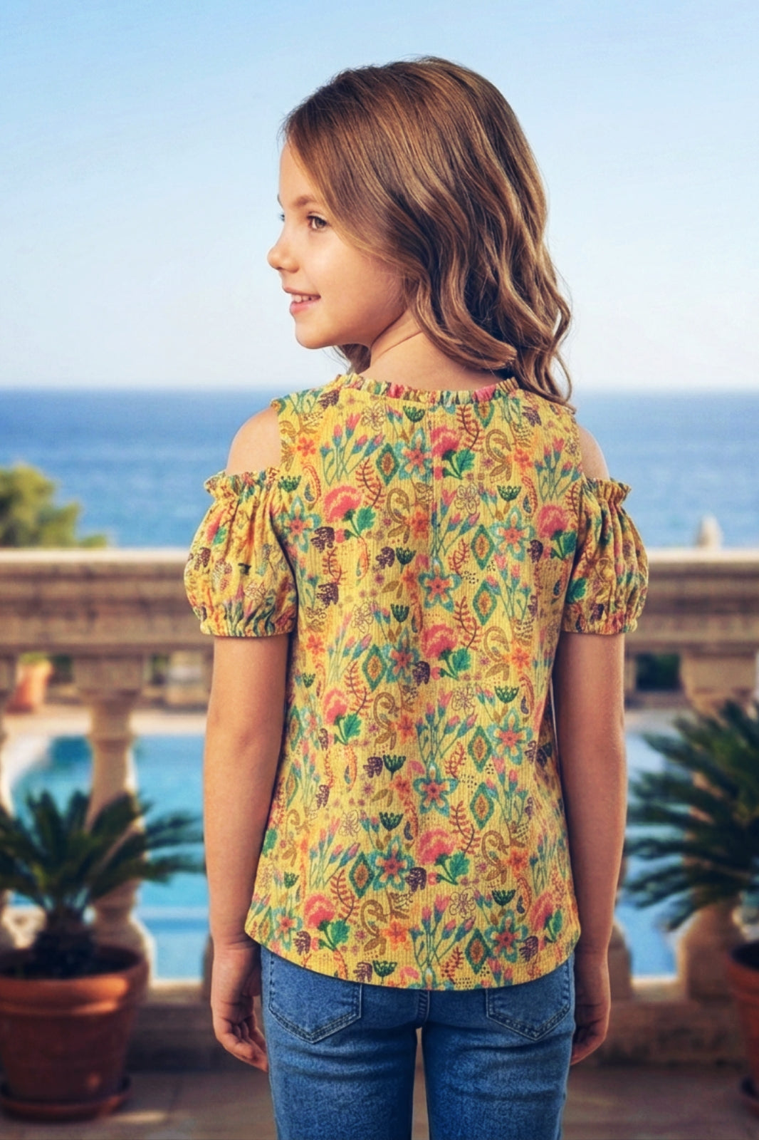 Girls Yellow Floral Cold-Shoulder Top - Puff Sleeve with Ruffle Neck