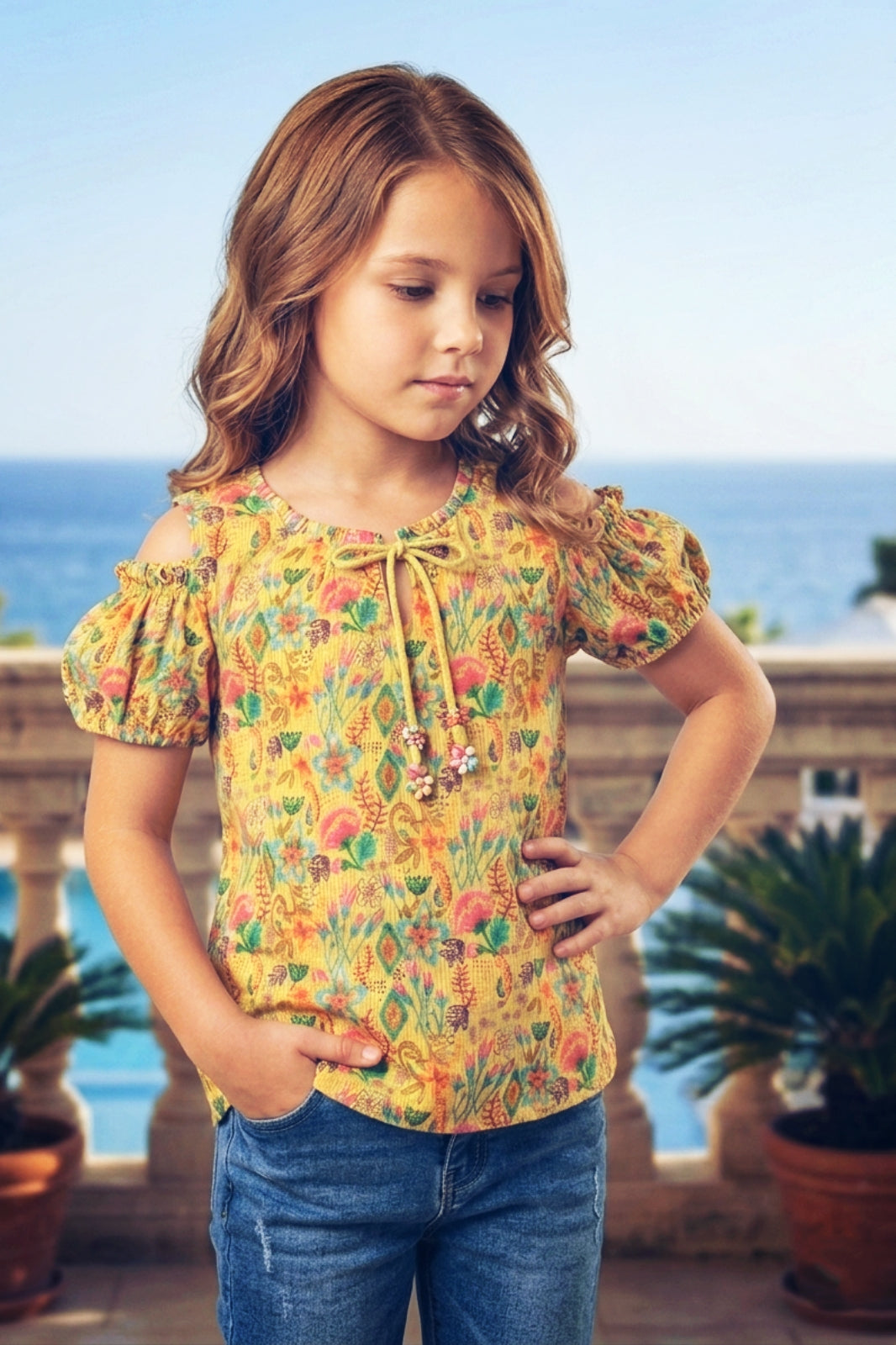 Girls Yellow Floral Cold-Shoulder Top - Puff Sleeve with Ruffle Neck