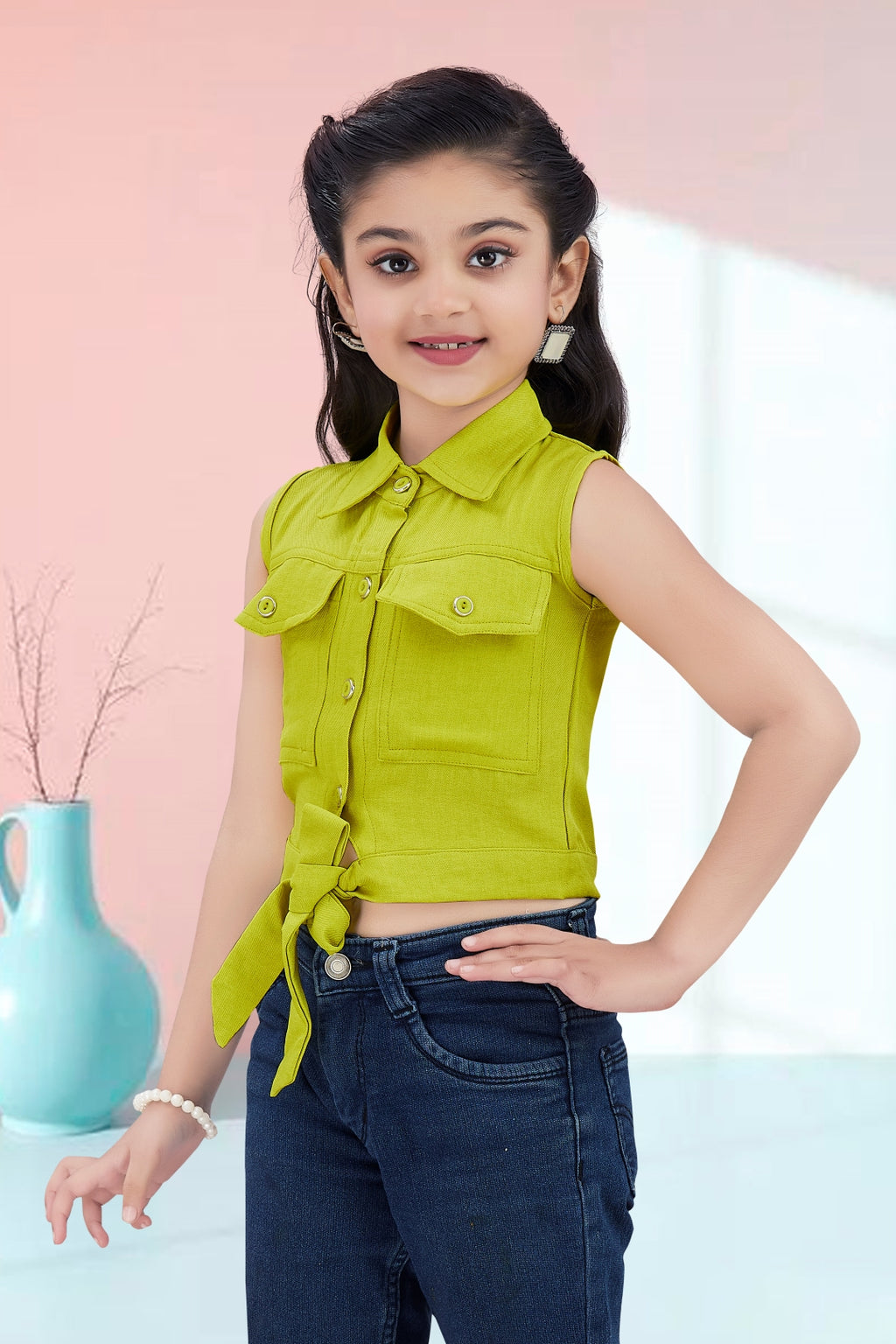 Girls Green Sleeveless Utility Top with Front Tie and Cargo Pockets