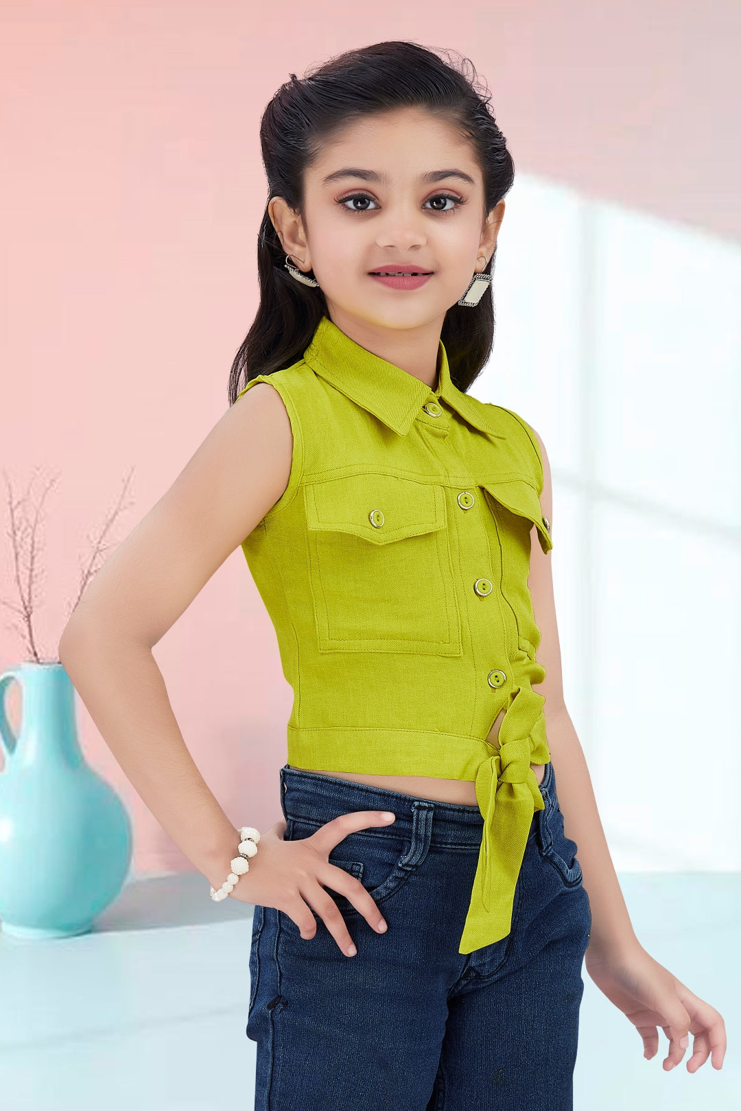 Girls Green Sleeveless Utility Top with Front Tie and Cargo Pockets