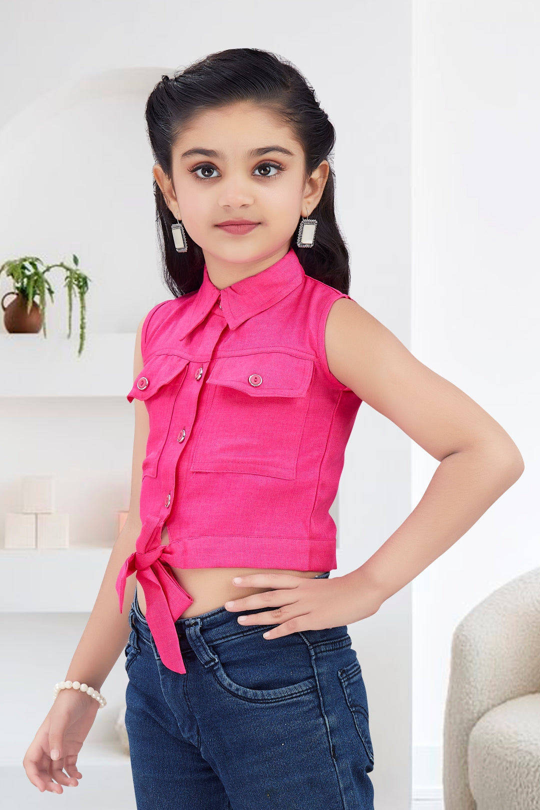 Girls Pink Sleeveless Utility Top with Front Tie and Cargo Pockets