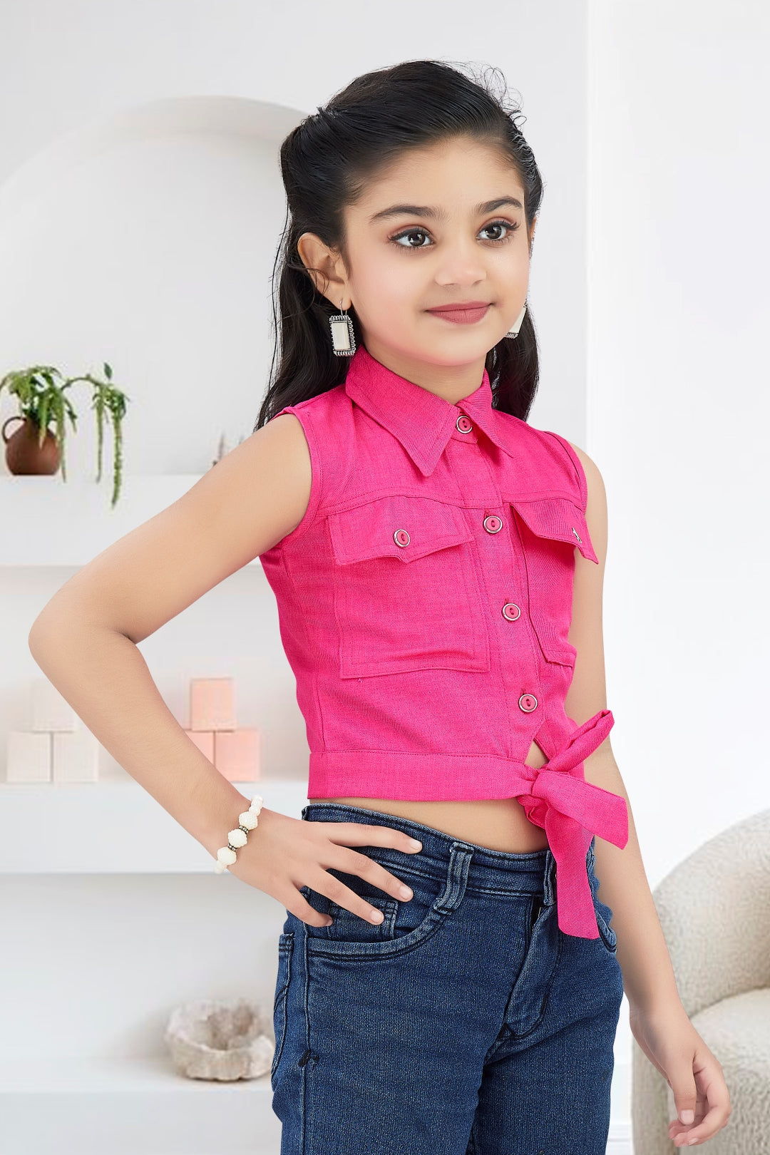 Girls Pink Sleeveless Utility Top with Front Tie and Cargo Pockets