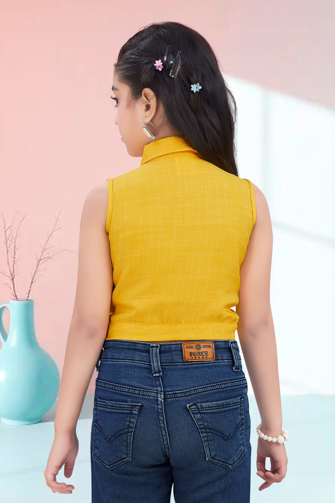 Girls Yellow Sleeveless Utility Top with Front Tie and Cargo Pockets