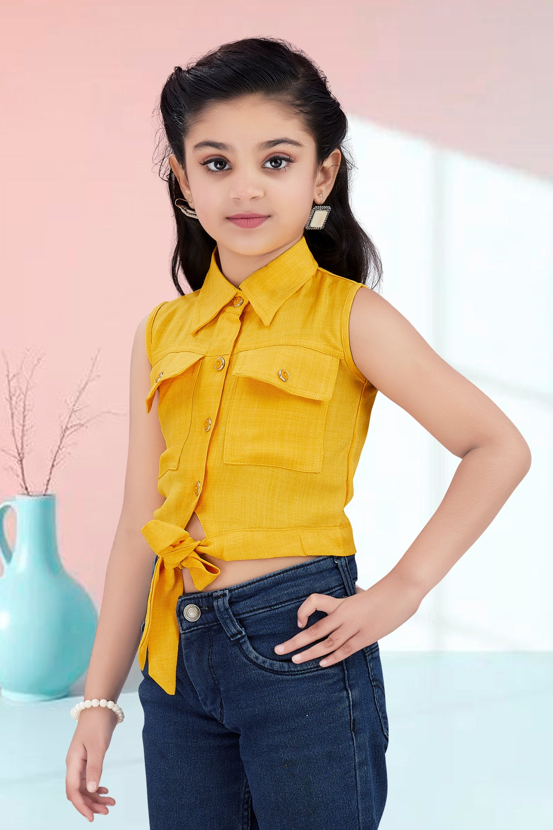 Girls Yellow Sleeveless Utility Top with Front Tie and Cargo Pockets