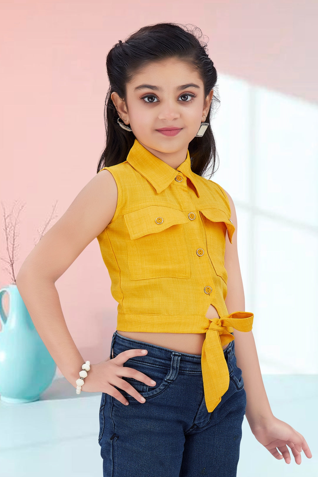 Girls Yellow Sleeveless Utility Top with Front Tie and Cargo Pockets