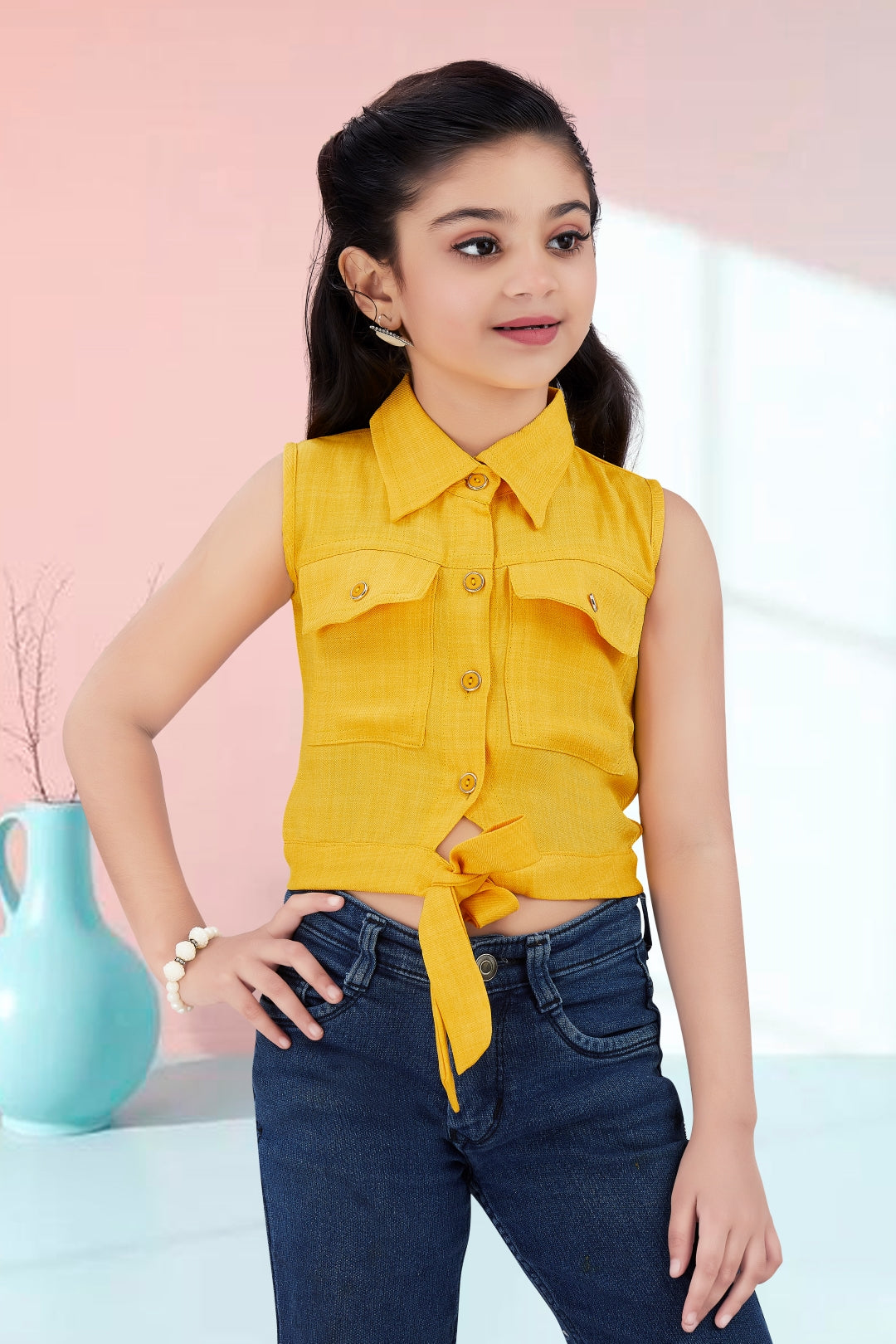 Girls Yellow Sleeveless Utility Top with Front Tie and Cargo Pockets