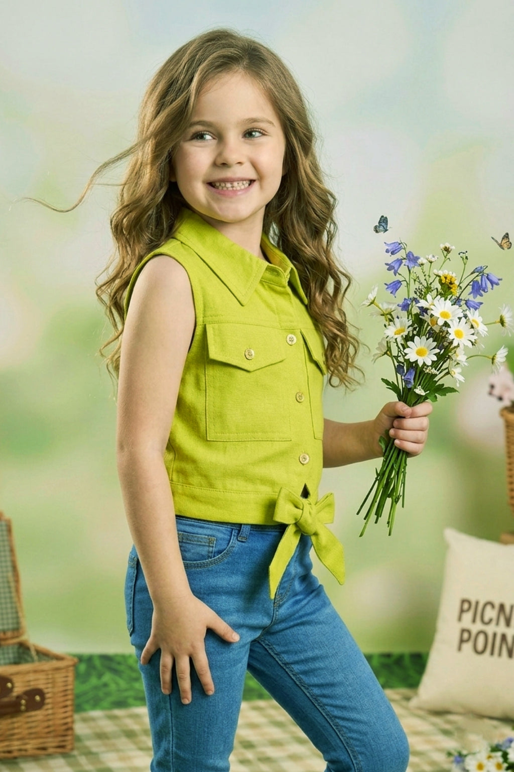 Girls Green Sleeveless Utility Top with Front Tie and Cargo Pockets