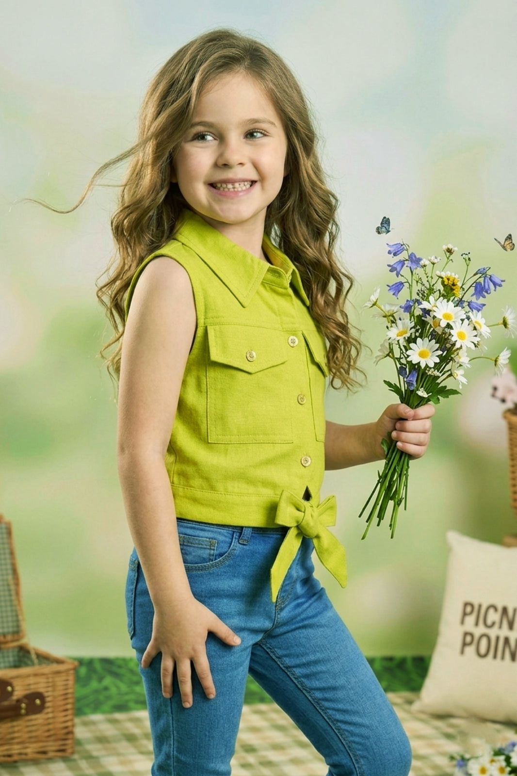 Girls Green Sleeveless Utility Top with Front Tie and Cargo Pockets