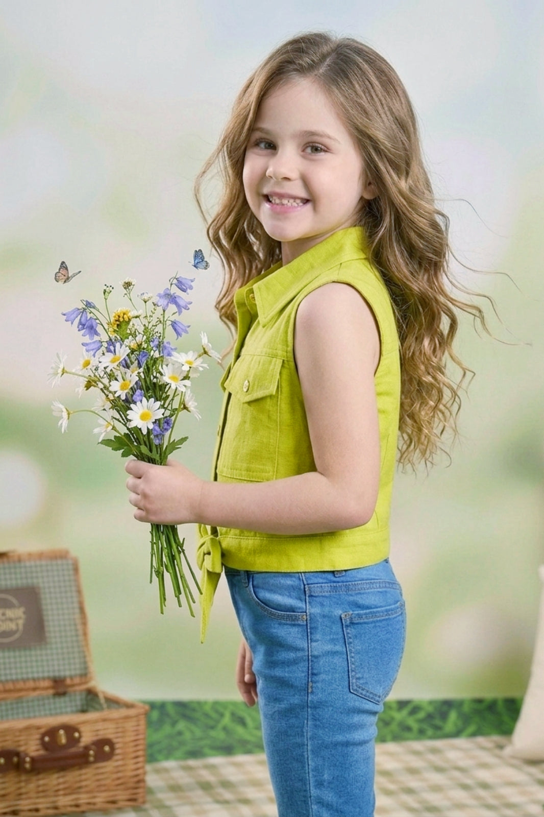 Girls Green Sleeveless Utility Top with Front Tie and Cargo Pockets