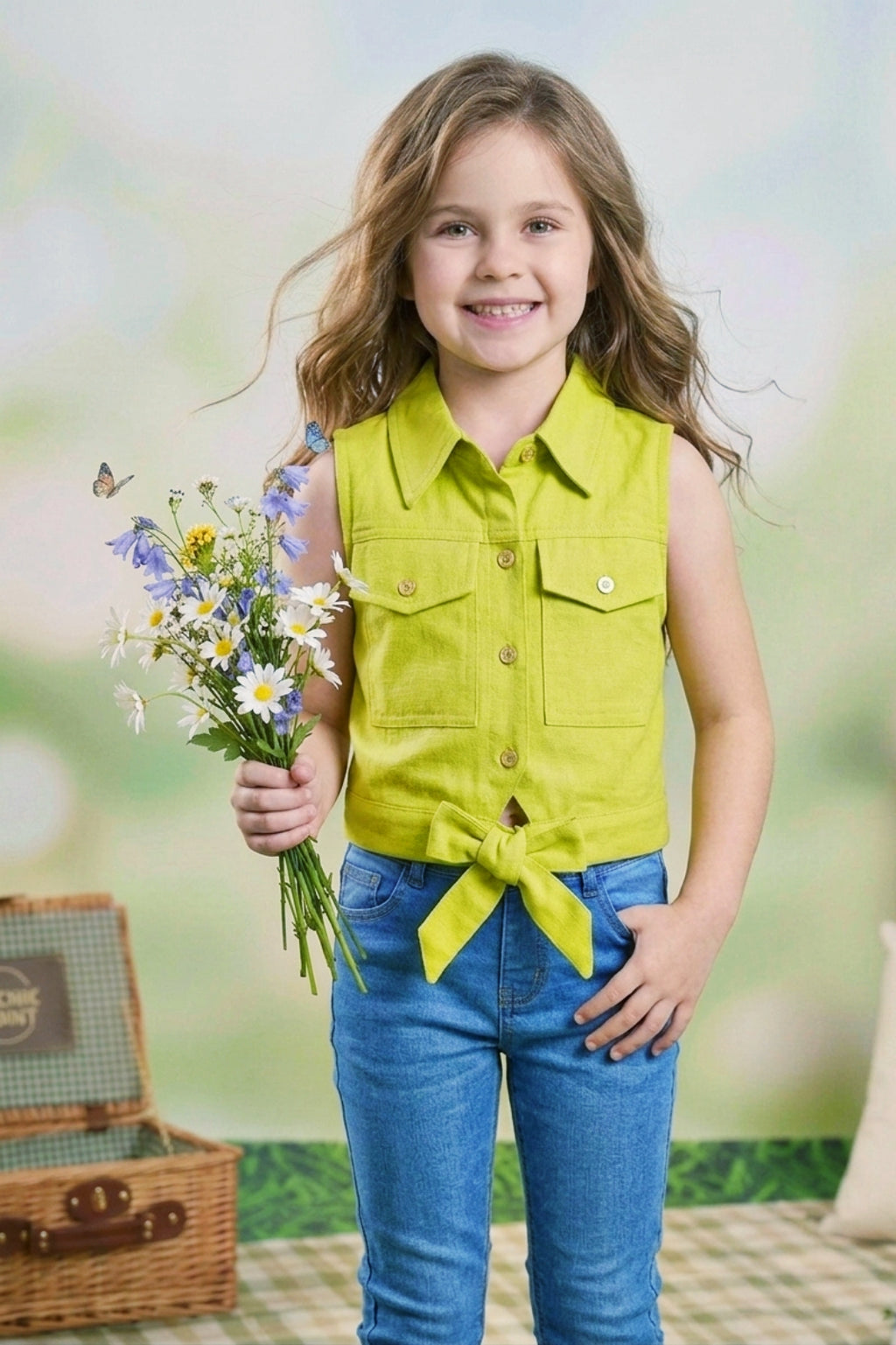 Girls Green Sleeveless Utility Top with Front Tie and Cargo Pockets