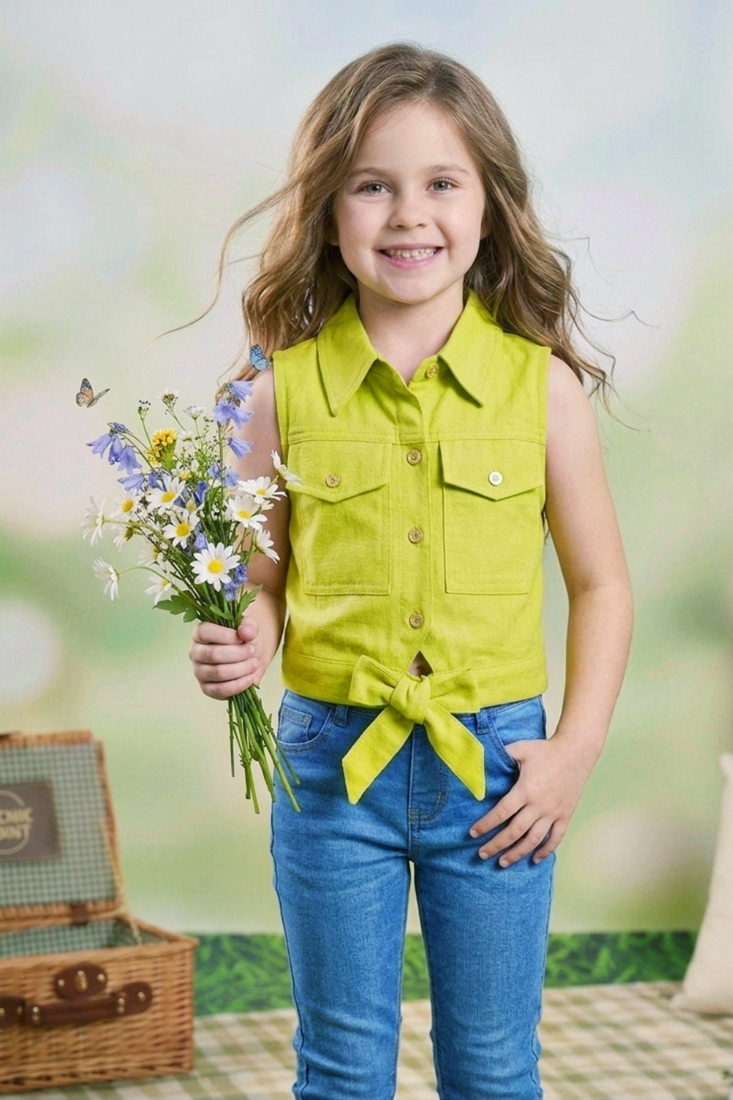 Girls Green Sleeveless Utility Top with Front Tie and Cargo Pockets