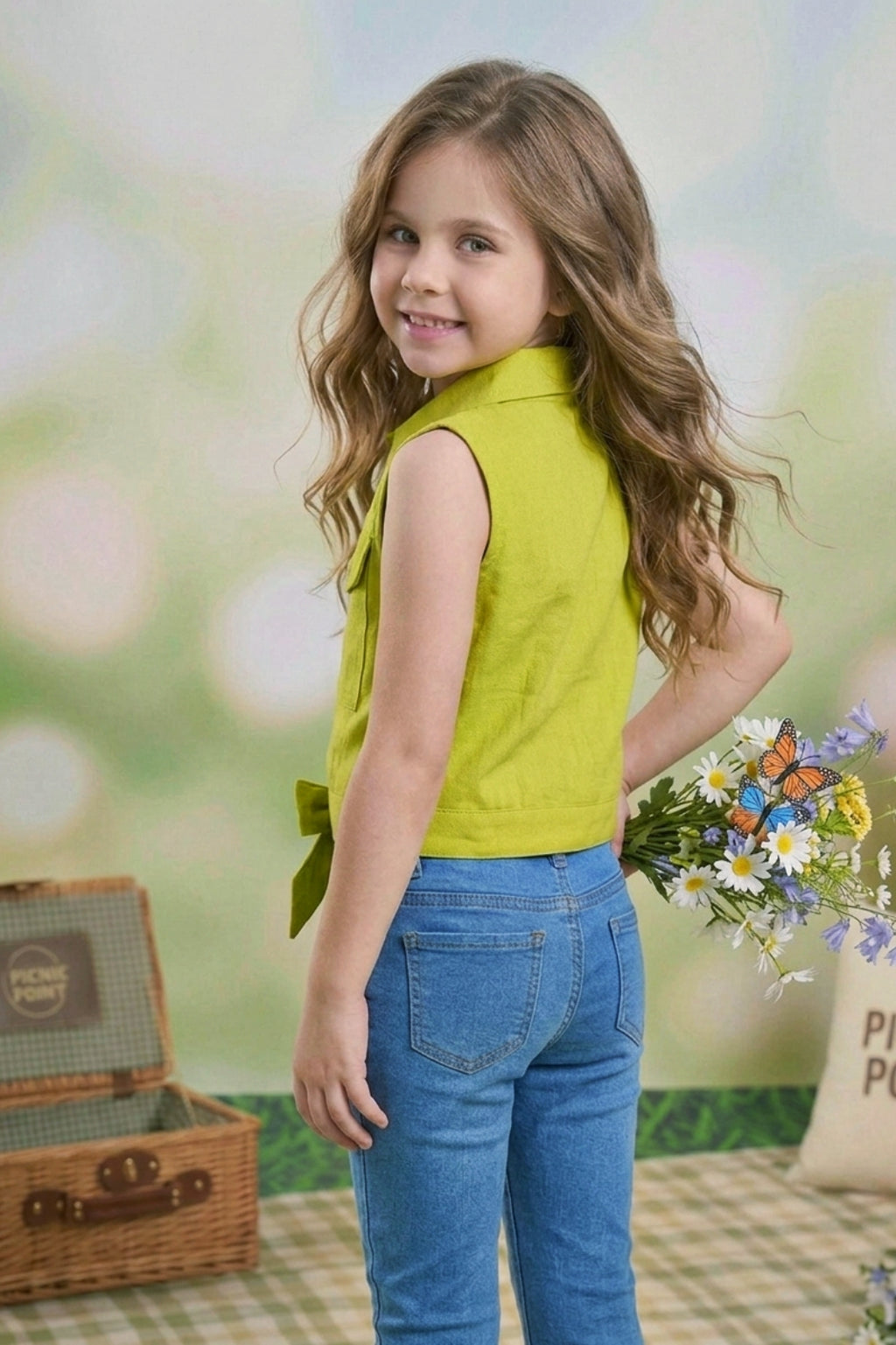 Girls Green Sleeveless Utility Top with Front Tie and Cargo Pockets