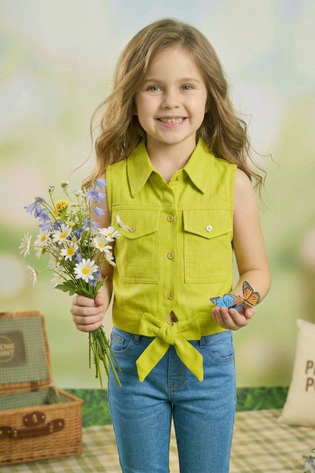 Girls Green Sleeveless Utility Top with Front Tie and Cargo Pockets